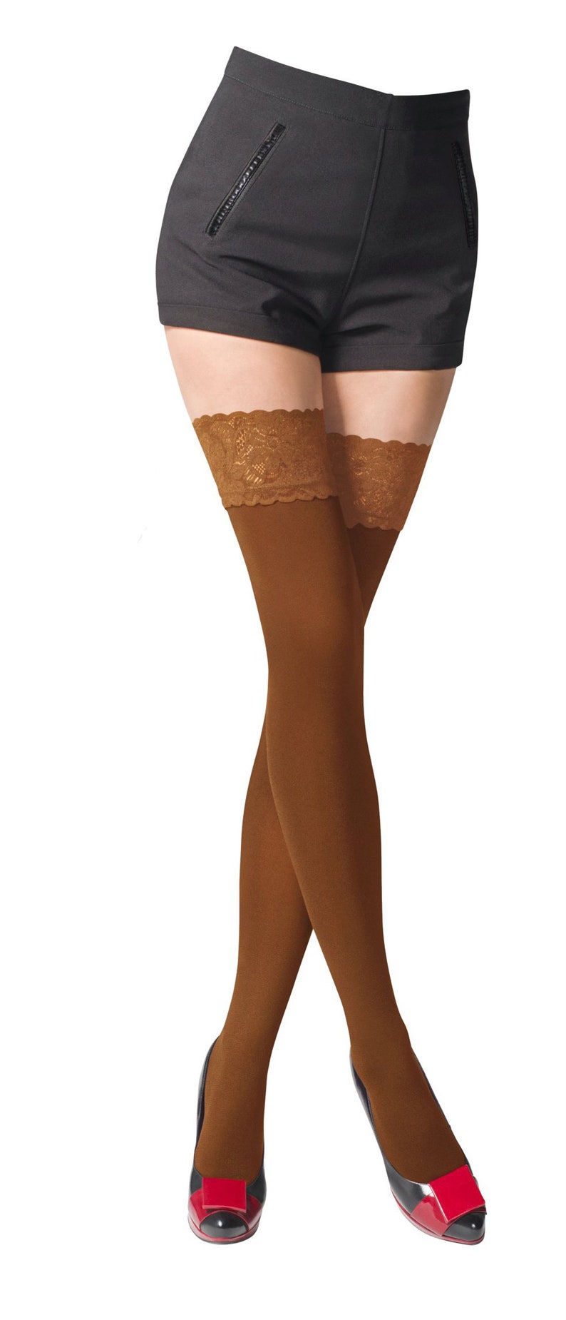 NEW Lace Top 80 Denier Sheer Hold-Ups Stockings by Sentelegri ,9 Various Colours Sizes S-XL Beige