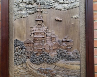 Handmade Wood Carving, Zeppelin Landscape, Wall Decor Art