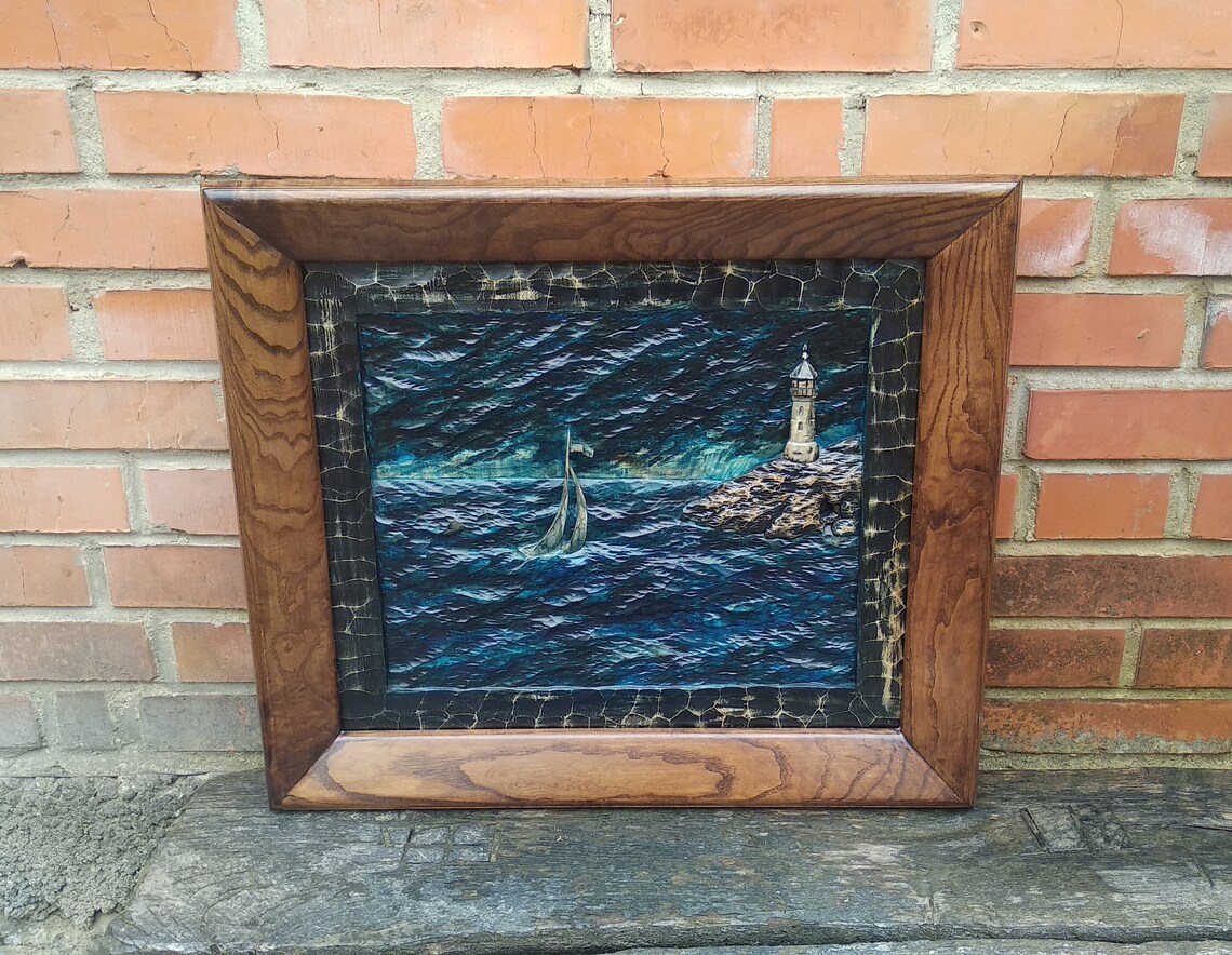 Wood Carving Stormy Sea Wood Art Wood Wall Decor Wood Wall Etsy