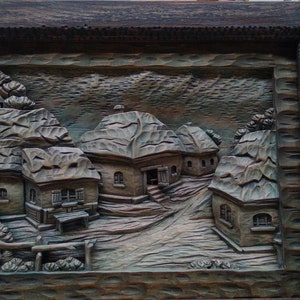 Ukrainer Dorf Holz Wandkunst, Holzschnitzerei, Holzkunst, Holzskulptur, Wanddekoration, Bild Landschaft, Geschenk, Malerei