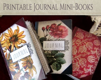 May include: Three printable mini journal covers with different designs. The first cover features yellow flowers, the second has a rose and leaves, and the third has a red and gold damask pattern. The text "JOURNAL" appears on each cover. The text below the covers reads "DIGITAL MINI JOURNAL KIT, 3 COVER VARIANTS, 4 PAPER VARIANTS, 2.5" X 1.75"