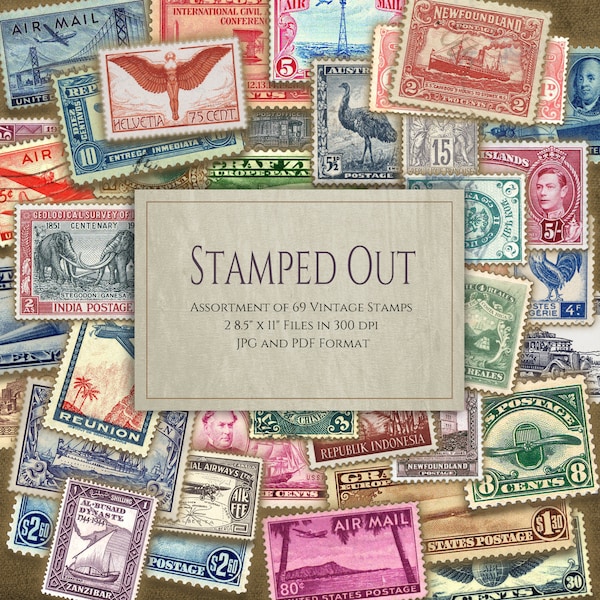 Printable Vintage Postage Stamps- Travel and Transport Themed - Digital Ephemera for Scrapbooks and Junk Journals