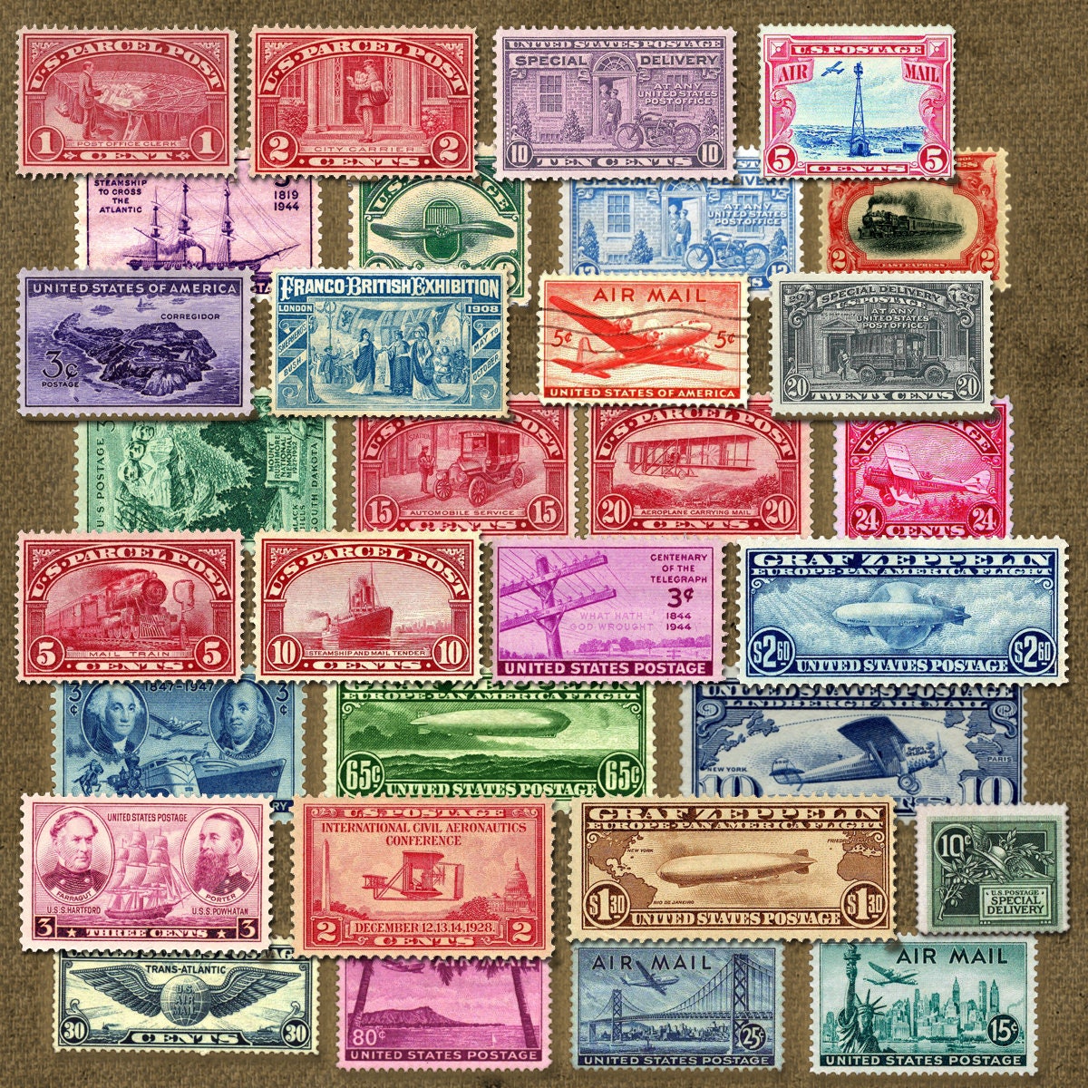 Printable Vintage Postage Stamps- Travel and Transport Themed - Digital ...