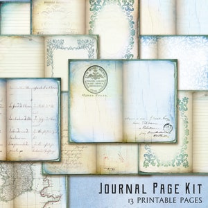 May include: A digital printable journal page kit with 13 pages featuring vintage style designs. The pages include lined paper, blank pages, and pages with decorative borders. The pages are in shades of blue, green, and white.