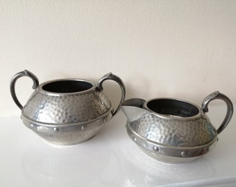 Antique Hand Hammered Pewter Sugar Bowl and Creamer.  1910s/20s England by Craftsman