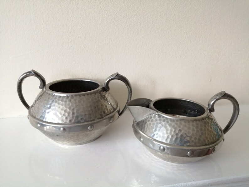 Antique Hand Hammered Pewter Sugar Bowl and Creamer. 1910s/20s England