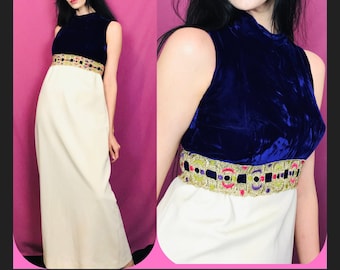 Vintage 60s Purple Velvet and White Handmade Maxi Dress size Small