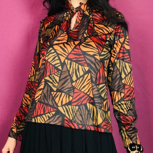 Vintage 80s Tiger Print Blouse with Tie Collar size 8 / Medium