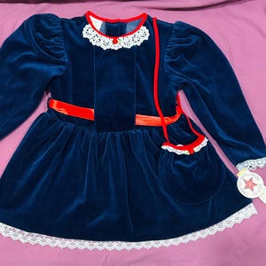 Vintage Blue Velvet 4T Toddler Dress with Red Accents and Purse with Original Tags