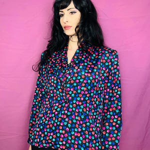 Vintage 80s Rainbow Polkadot Long Sleeve Blouse size 8