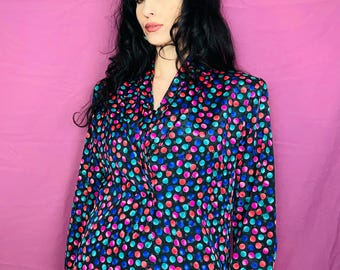 Vintage 80er Jahre Regenbogen Polkadot Langarm Bluse Gr. 38