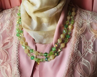 Vintage 50s Green Glass Crystal and Frosted Plastic Beaded Double Stand Necklace
