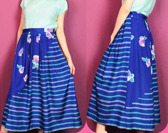Vintage 80s Purple and Teal Floral Midiskirt size M / L