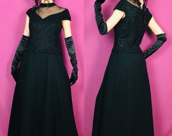 Black Short Sleeve Gown with Beaded Bodice and Sweetheart Illusion Neckline size 8