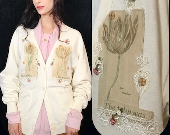 Vintage 80s Cream Garden Granny Cardigan