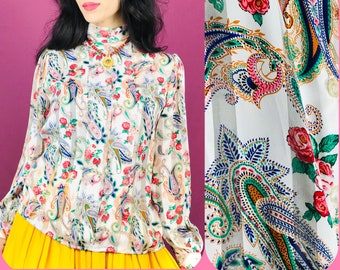 Vintage 80s White Blouse with Colorful Paisley and Floral Print size 8