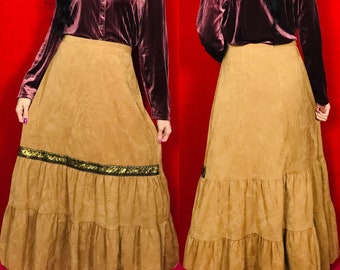 Vintage 80s Tan Faux Suede Maxi Skirt size L