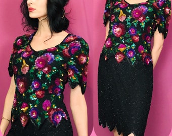 Vintage 80s Laurence Kazar Beautiful Silk Beaded and Sequins Floral Dress size S