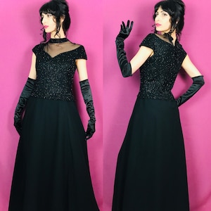 Black Short Sleeve Gown with Beaded Bodice and Sweetheart Illusion Neckline size 8