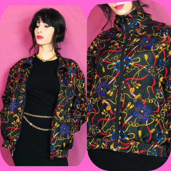 Vintage 80s Black Track Jacket with Chain and Medallion Print size M/L