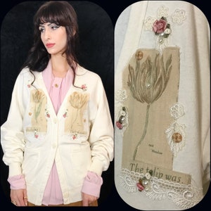 Vintage 80s Cream Garden Granny Cardigan