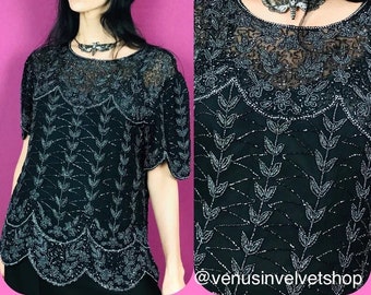 Vintage 80s Black Silk Blouse Embellished with Silver Beads size L