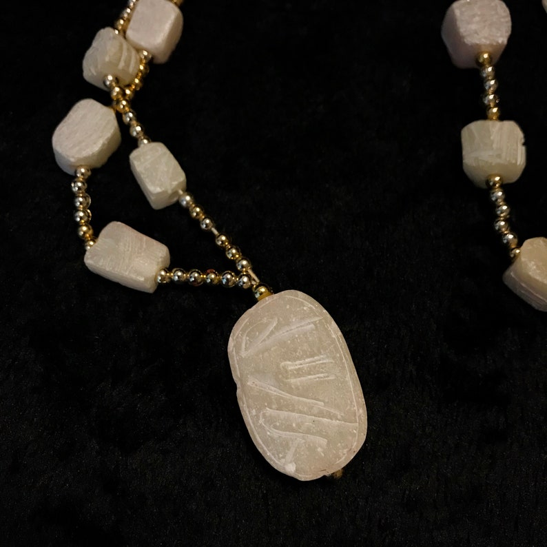 Vintage 70s Egyptian Scarab Carved Cream Soapstone Beaded Necklace