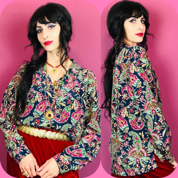 Vintage 90s Colorful Paisley Button Up Blouse - image 2