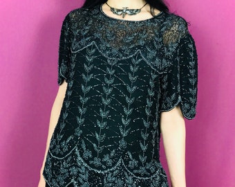 Vintage 80s Black Silk Blouse Embellished with Silver Beads size L