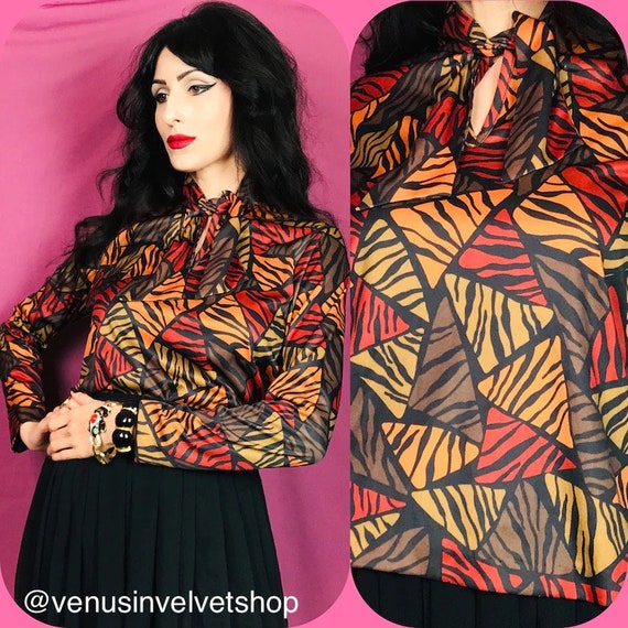 Vintage 80s Tiger Print Blouse with Tie Collar si… - image 2