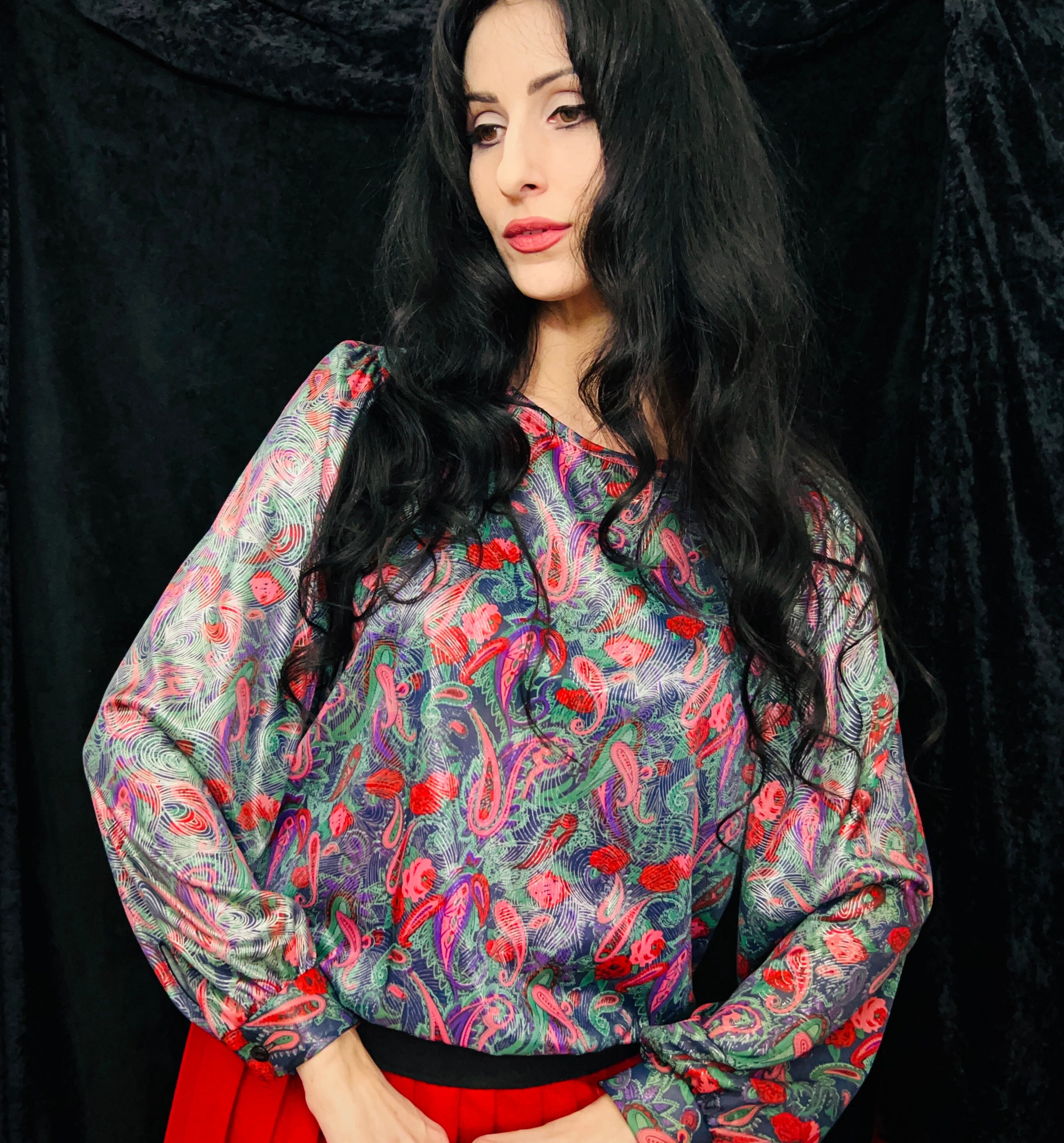 Vintage 80s Colorful Metallic Paisley Long Sleeve Top size Large