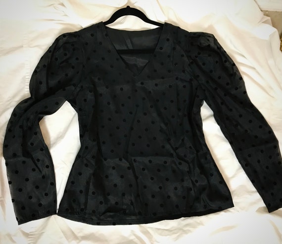 Black Long Sleeved Puffed Shoulder Blouse with Ve… - image 7