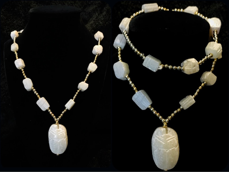 Vintage 70s Egyptian Scarab Carved Cream Soapstone Beaded Necklace