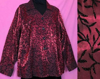 Vintage 90s Metallic Red Blouse with Black Glitter Velvet Floral Print