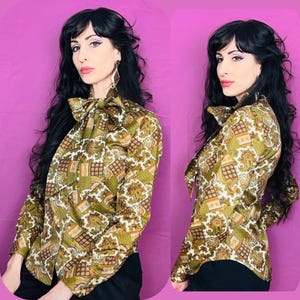 Vintage 70s Paisley Button Up Blouse with Necktie size S/M