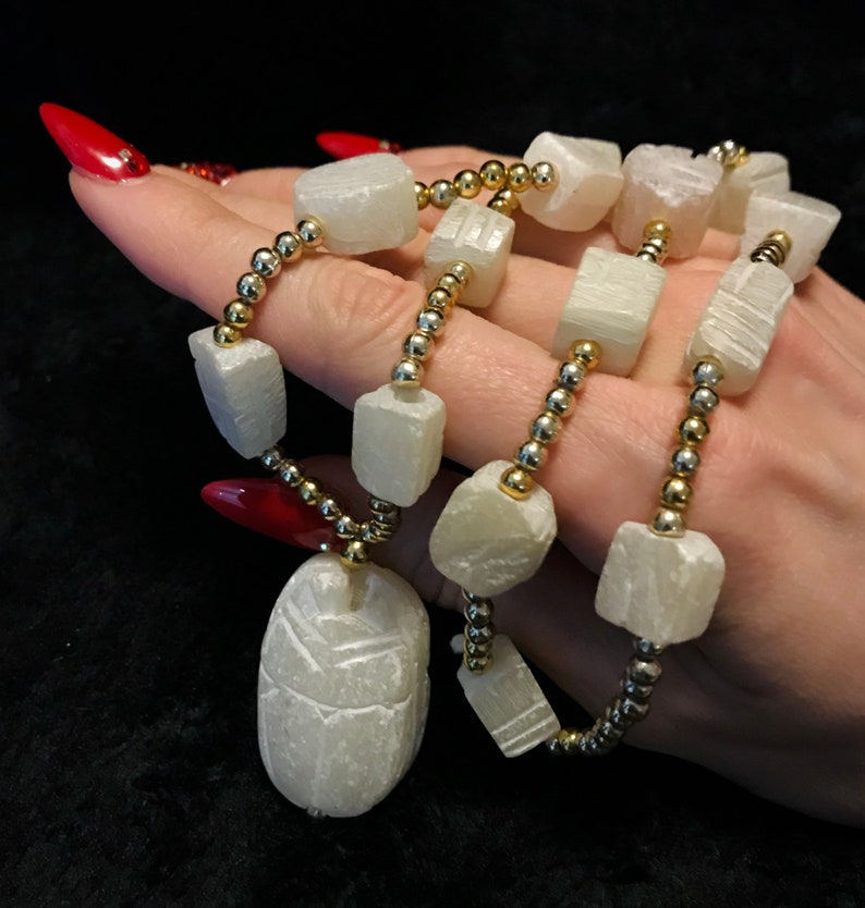Vintage 70s Egyptian Scarab Carved Cream Soapstone Beaded Necklace
