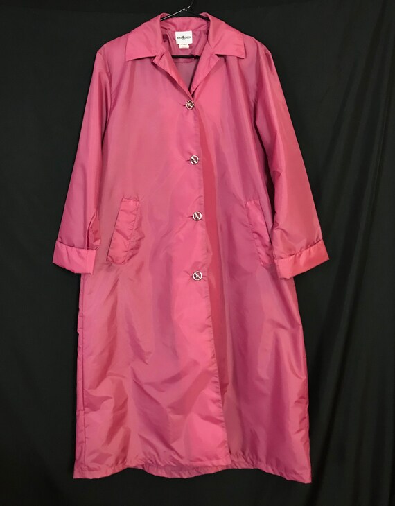 Vintage 80s Long Raspberry Raincoat Nylon Silver … - image 6