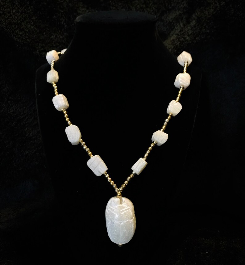 Vintage 70s Egyptian Scarab Carved Cream Soapstone Beaded Necklace