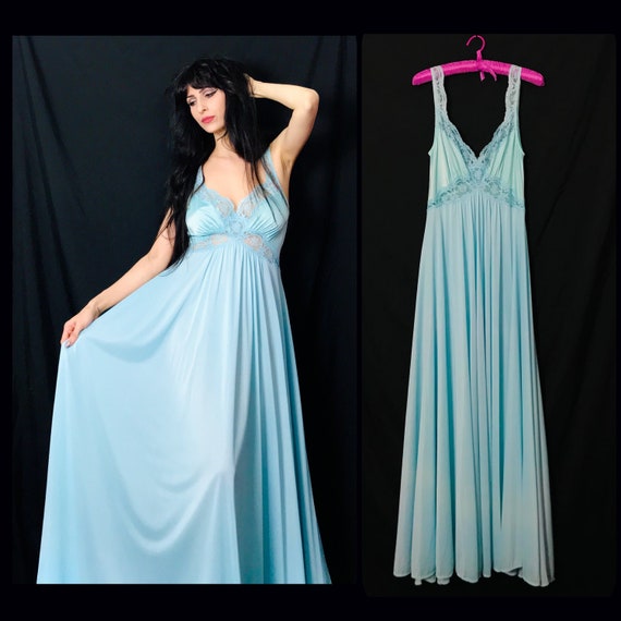 Vintage 70s OLGA Teal / Aqua Nylon Glam Maxi Night
