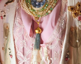 Collier Vintage Or Pampille Avec Perles De Verre Vertes - Modèle 1717 - État Impeccable