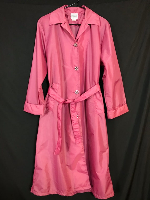 Vintage 80s Long Raspberry Raincoat Nylon Silver … - image 5