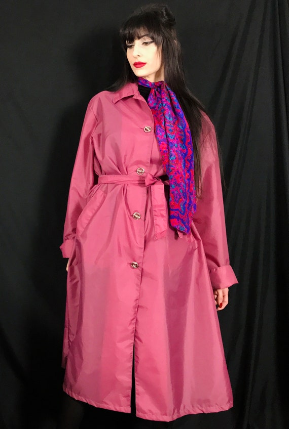 Vintage 80s Long Raspberry Raincoat Nylon Silver … - image 2