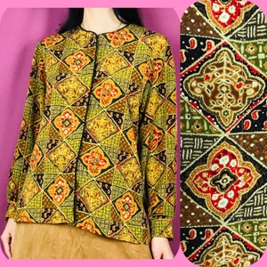 Vintage Mosaic Patterned Button Up Blouse size L