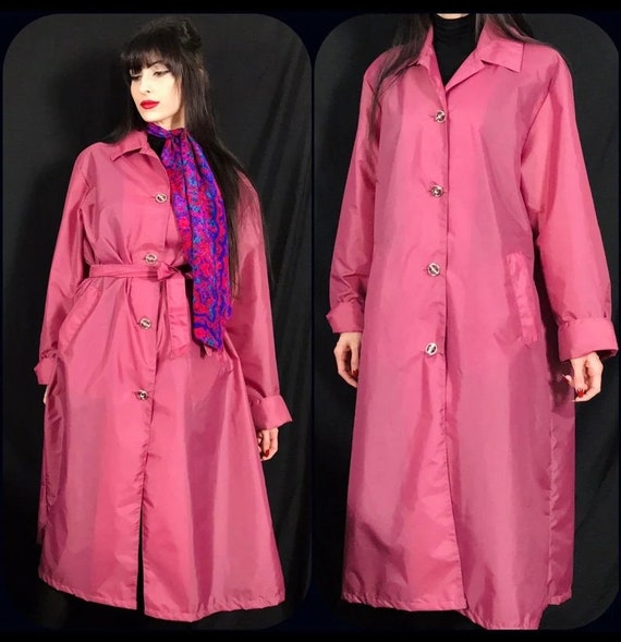 Vintage 80s Long Raspberry Raincoat Nylon Silver … - image 1