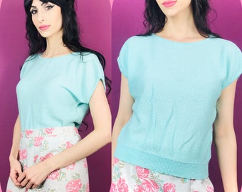 Vintage 70s Teal Knit Shirt size M