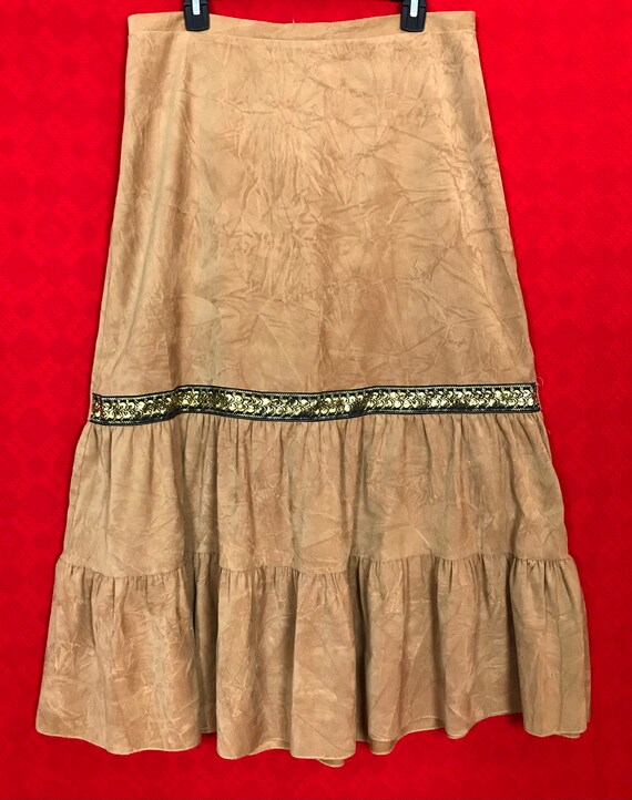 Vintage 80s Tan Faux Suede Maxi Skirt size L - image 3