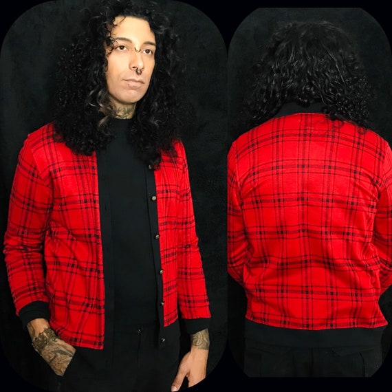 Vintage 80s Red & Black Paid Button Up Cardigan s… - image 1