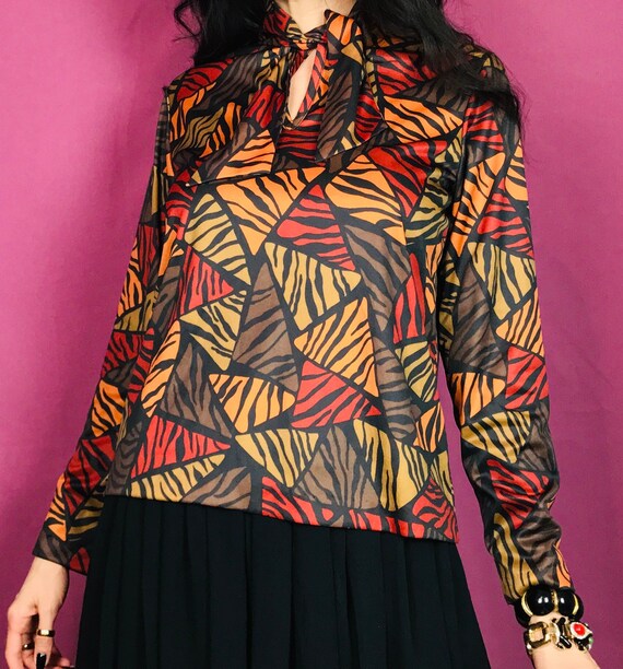 Vintage 80s Tiger Print Blouse with Tie Collar si… - image 1