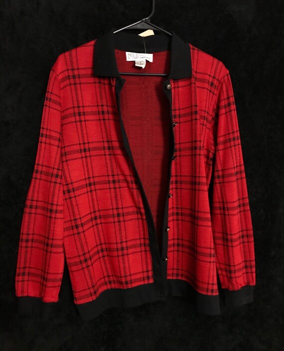 Vintage 80s Red & Black Paid Button Up Cardigan s… - image 2