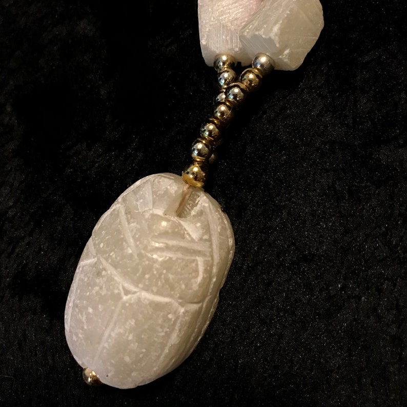 Vintage 70s Egyptian Scarab Carved Cream Soapstone Beaded Necklace